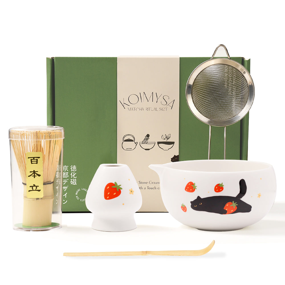 Cute Matcha Whisk Set with Cat and Strawberry Pattern Matt Matcha Bowl