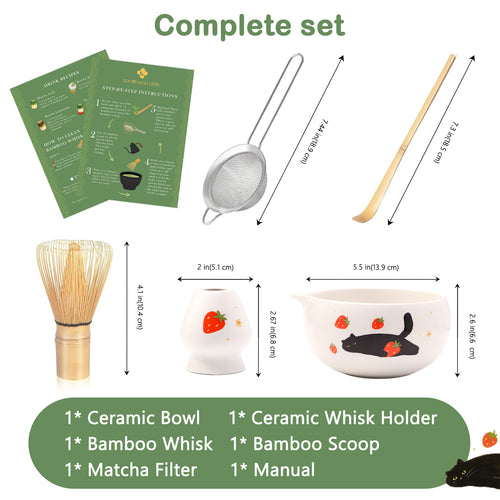 Cute Matcha Whisk Set with Cat and Strawberry Pattern Matt Matcha Bowl