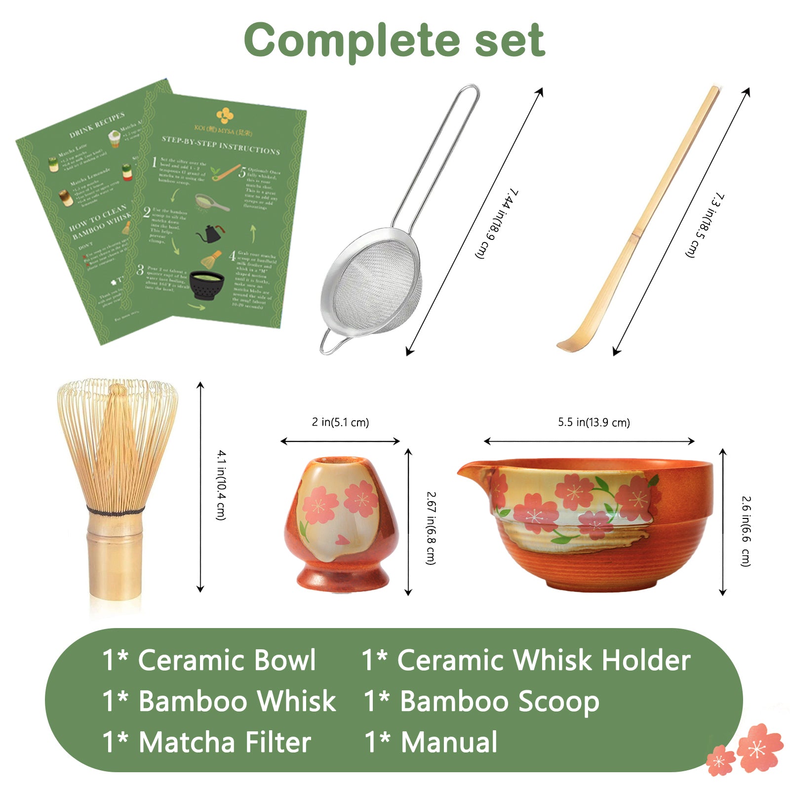 Matcha Whisk Set With Cherry Blossom Design Bowl And Whisk