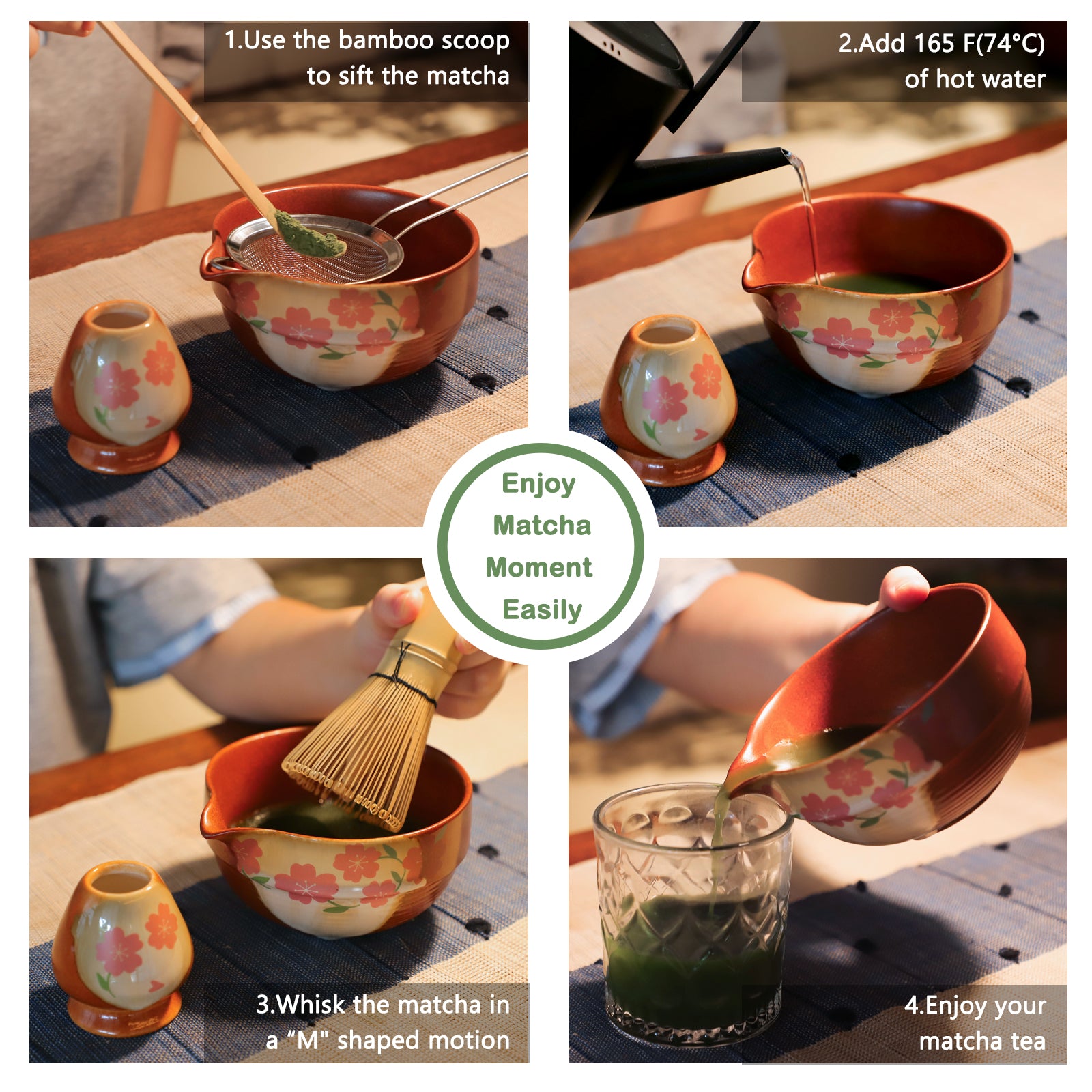 Matcha Whisk Set With Cherry Blossom Design Bowl And Whisk