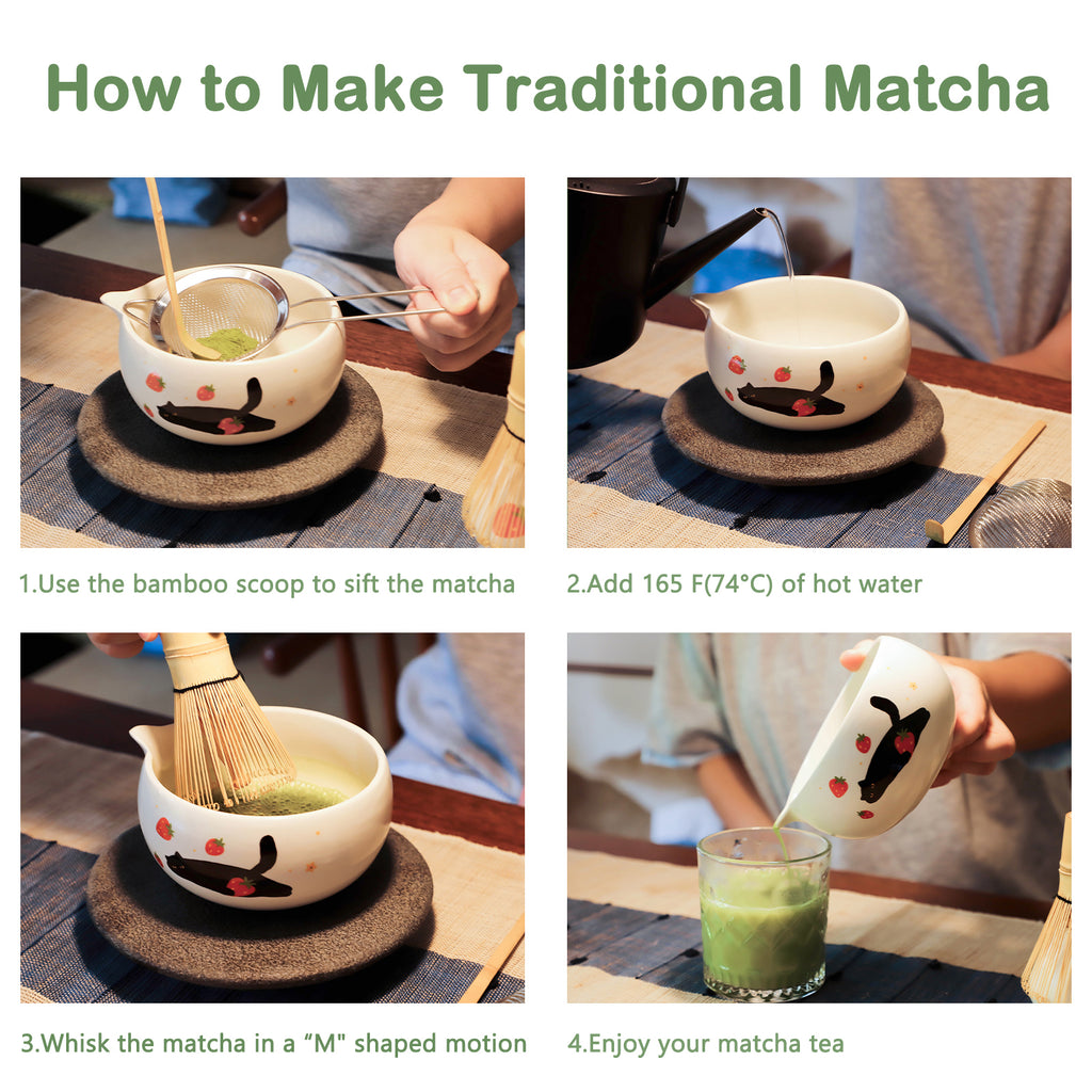 Cute Matcha Whisk Set with Cat and Strawberry Pattern Matt Matcha Bowl
