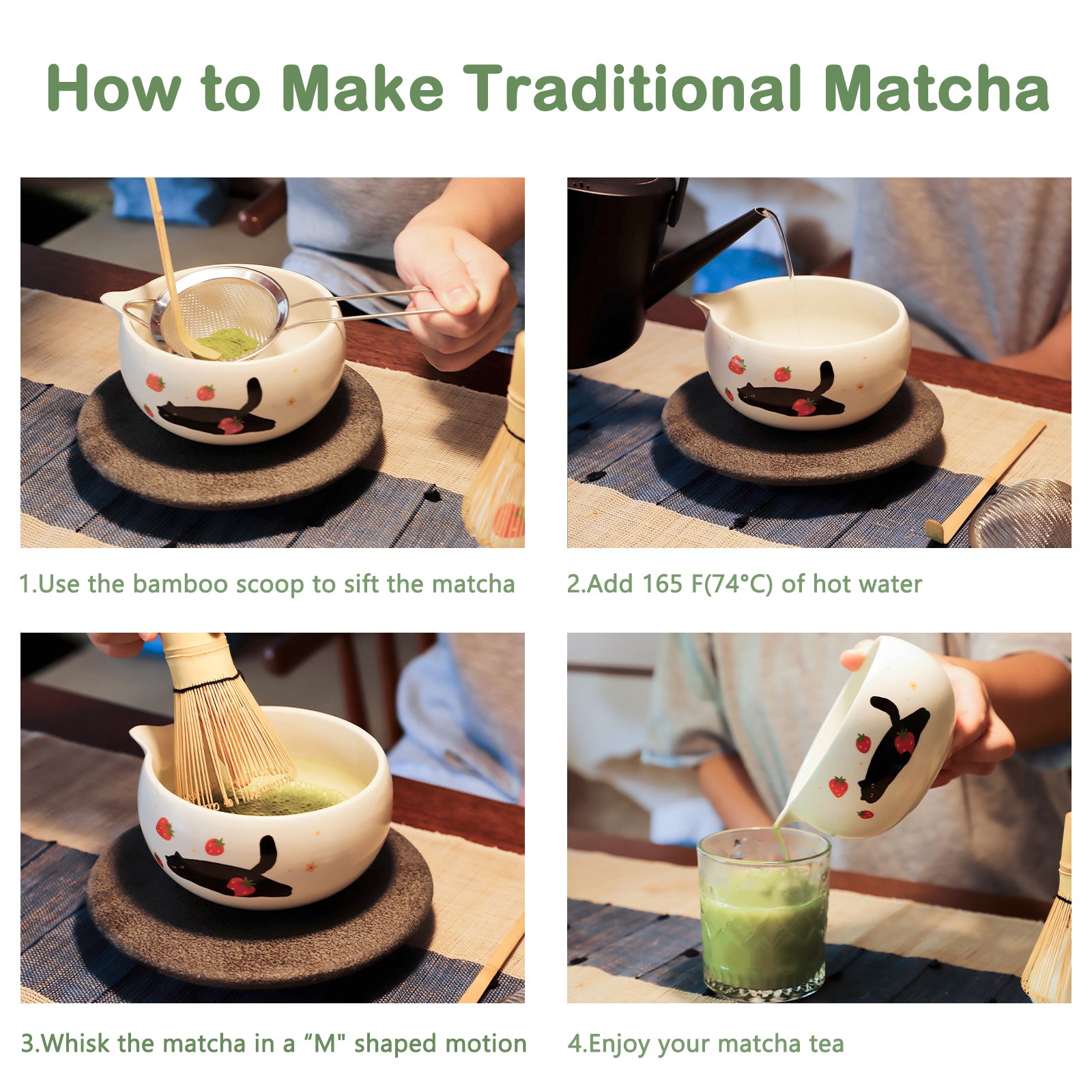 Cute Matcha Whisk Set with Cat and Strawberry Pattern Matt Matcha Bowl