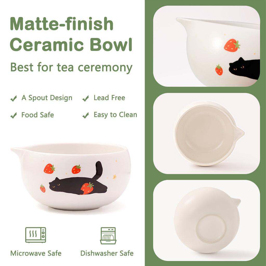 Cute Matcha Whisk Set with Cat and Strawberry Pattern Matt Matcha Bowl
