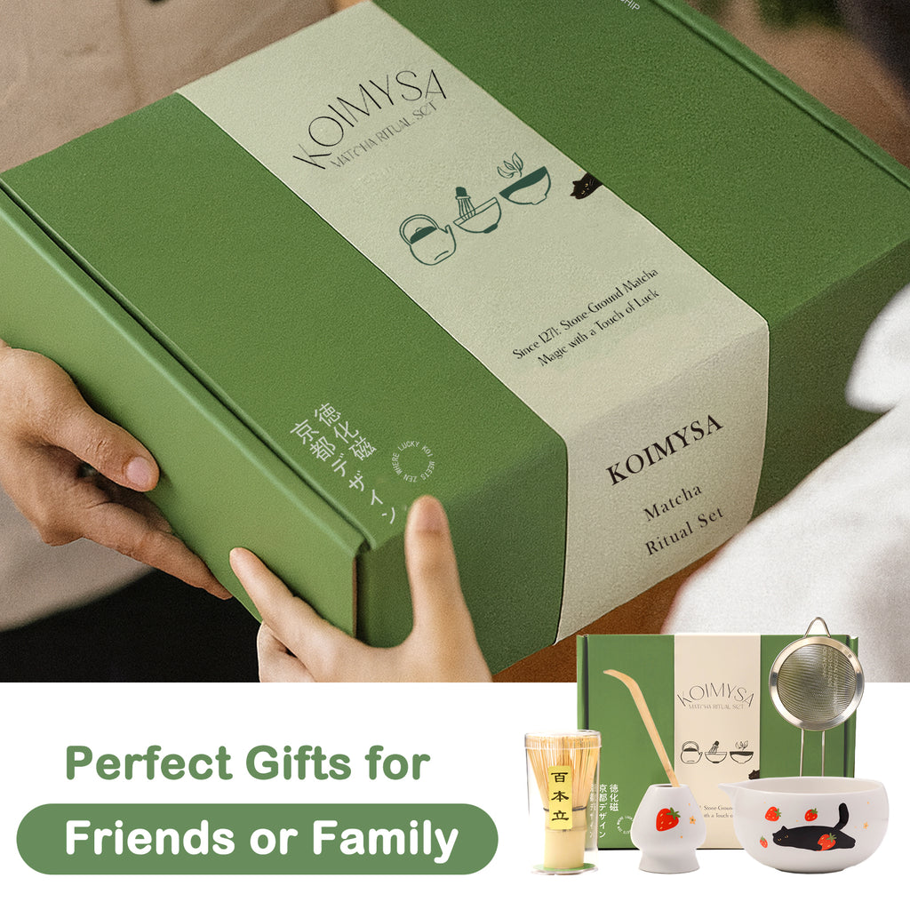 Cute Matcha Whisk Set with Cat and Strawberry Pattern Matt Matcha Bowl